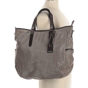 Tumi Textured Fabric Shimmer Beige Zipper Zip Leather Handle Trim Tote Bag Purse